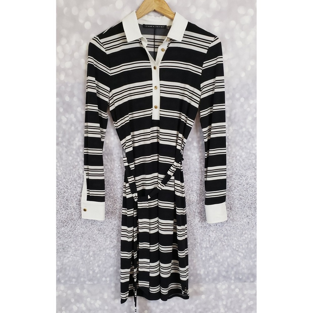Ivanka Trump Women's Collared Sheath Dress Striped With Belt Black White Size XS - Picture 2 of 12